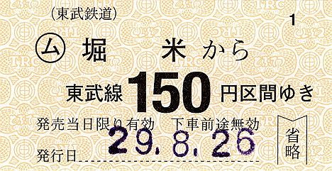 東武鉄道　常備軟券乗車券31　佐野線　堀米駅(2017年)