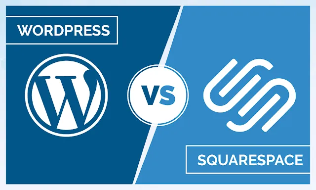 WordPress vs Squarespace logos side by side against a backdrop of computer code and website design elements
