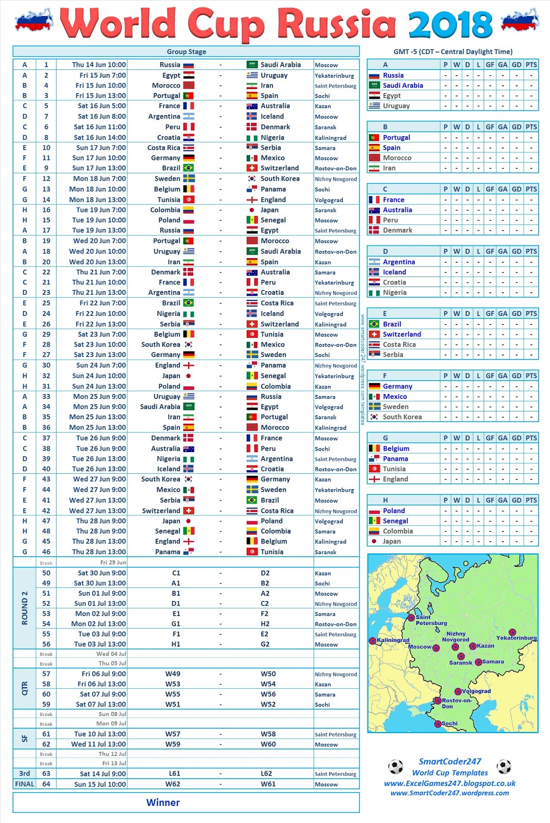 Smartcoder 247 - Euro 2020 Football Wall Charts and Excel Templates: Option E : Russia 2018 ...