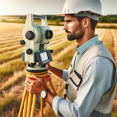 A professional land surveyor operates a theodolite, a precision instrument for measuring angles in the horizontal and vertical planes. He is outdoors, standing in a field with a golden sunset illuminating the scene. The surveyor is wearing a white hard hat, a light blue collared shirt, a reflective safety vest, and has a wristwatch on his left wrist. He appears focused on his work, adjusting the equipment atop a yellow tripod.