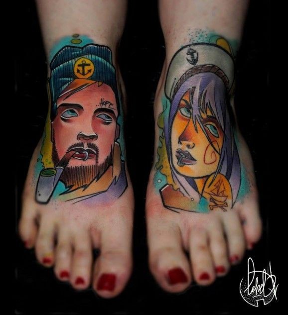 Neo traditional sailor tattoo on feet by Lehel Nyest