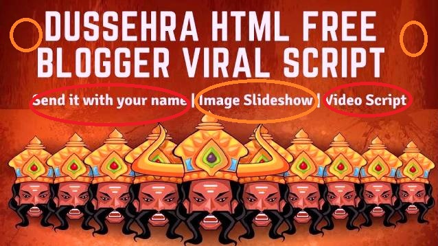 Happy Dussehra HTML blogger script, Free wishing festival website script, Whatsapp viral script