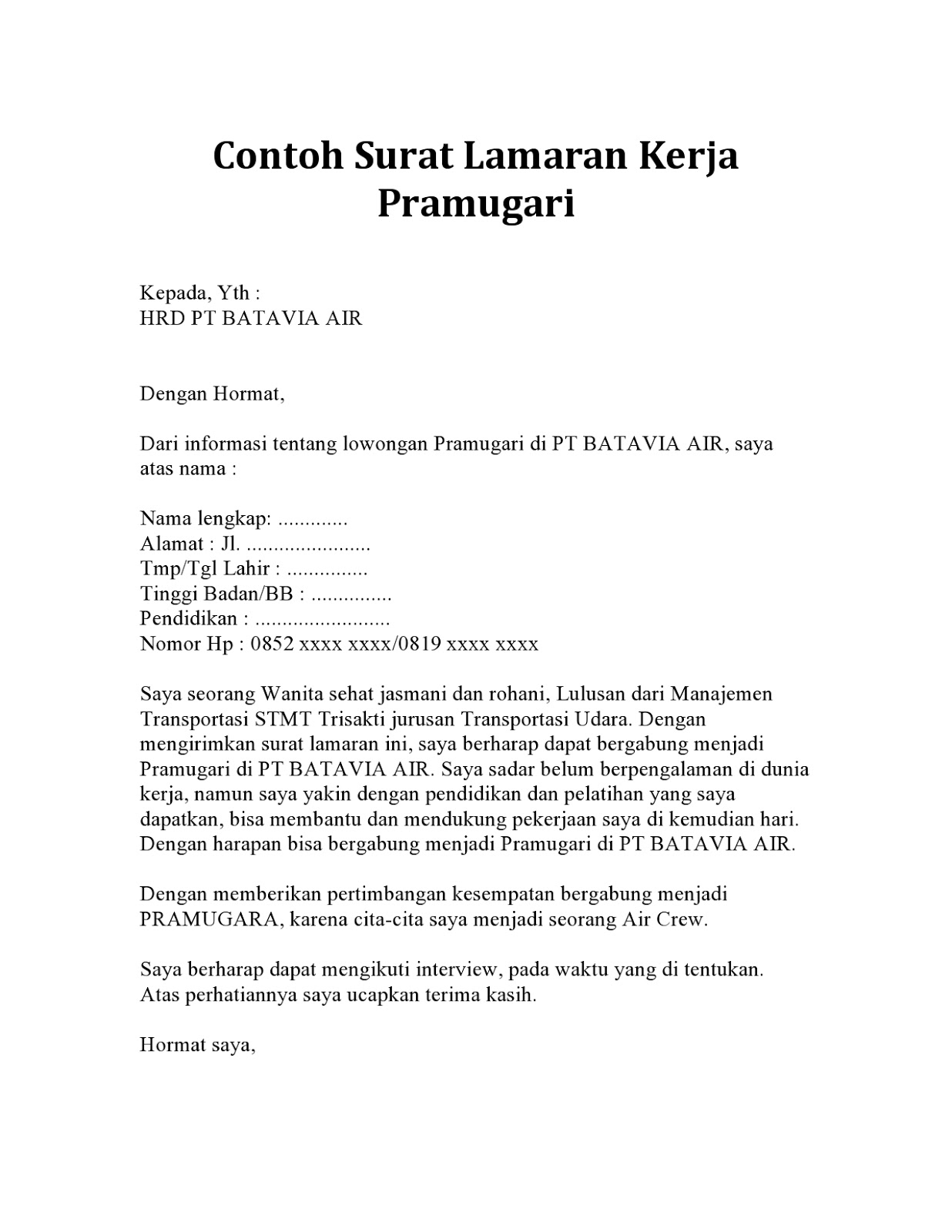 Surat Lamaran Kerja Pramugari - ben jobs