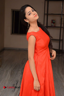 Telugu Actress Divya Nandini Stills in Orange Sleeveless Gown at Chennai Chaitrama Movie le Launch Event  0019.JPG