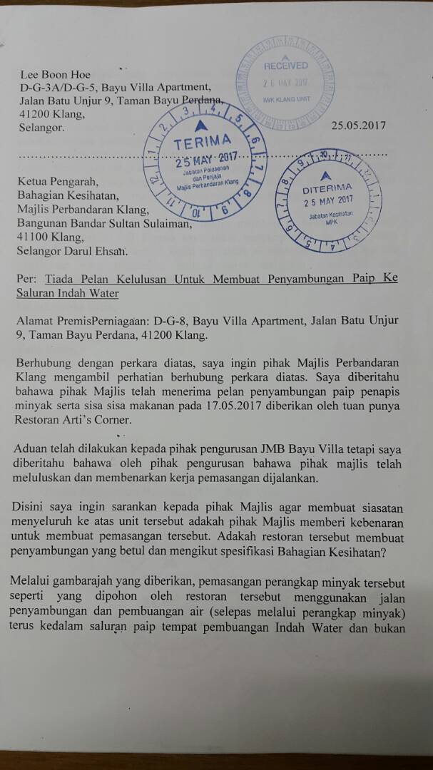 BAYU VILLA APARTMENT KLANG Surat Aduan Diajukan Kepada Pihak Berkuasa