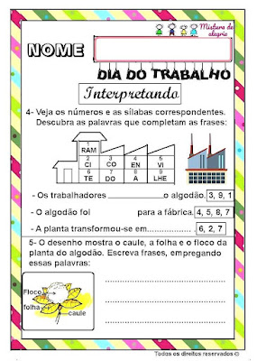 Dia do trabalhador,texto com interpretação 3 ano,cotonicultor