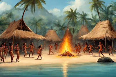 natives dancing around fire on beach