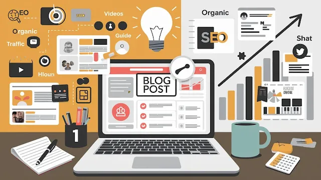Illustration of content marketing and blogging for small businesses, featuring a laptop displaying a blog, surrounded by infographics, videos, and SEO icons.