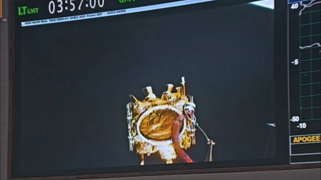 Image Attribute: EMISAT getting injected into a 748 km sun-synchronous polar orbit, 17 minutes and 12 seconds after liftoff. / Source: ISRO/DD News YouTube Screengrab