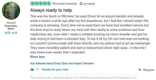 Excellent review of a client for Dinez Taxis and Airport Transfers