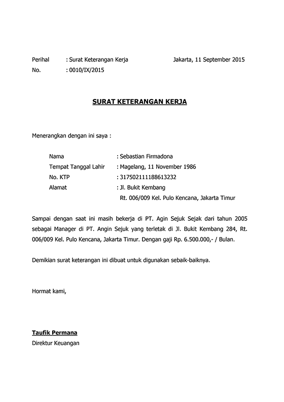 Surat Keterangan Kerja PT Angin Sejuk - Desain Grafis 