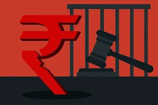 “Serious tone illustration showing a broken rupee symbol with a gavel and prison bars in background. Use bold colors like red and gray to depict financial and legal consequences.”