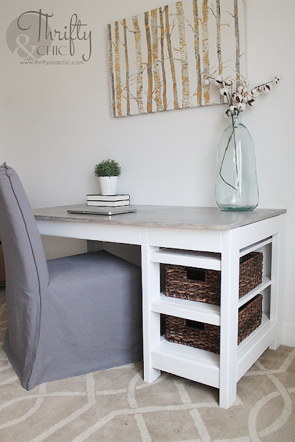 DIY desk with storage. Farmhouse desk tutorial. Desk tutorial with hidden cord storage. Desk organizing ideas.