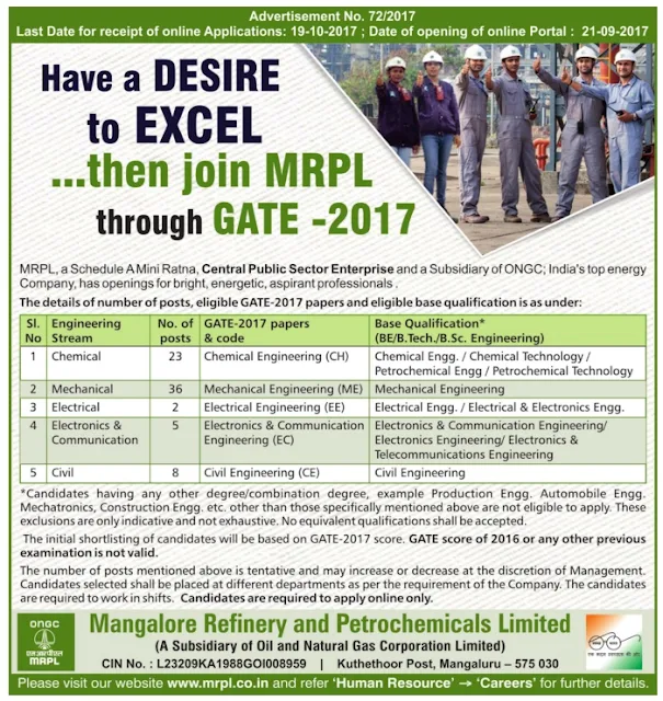 MRPL Engineer Vacancy by GATE 2017