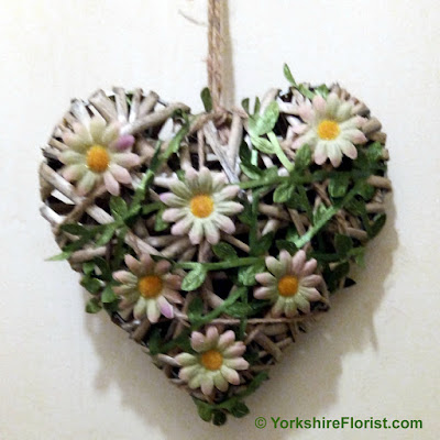  Hanging wicker heart hand decorated with 2 tone chrysanthemums & leaf ribbon