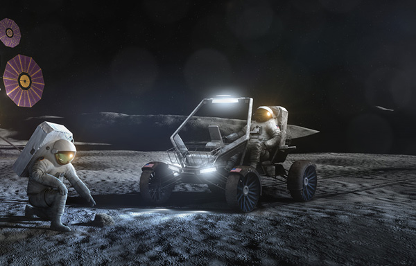 An artist's concept of two astronauts exploring the Moon's surface using a Lunar Terrain Vehicle.