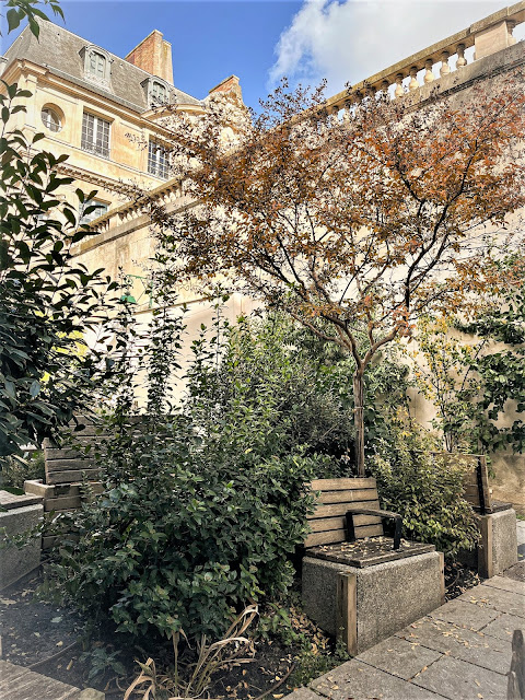 bench in Jardin Berthe Weill Paris bside Picasso museum.