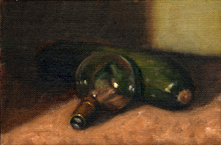 Oil painting of an older-style light bulb resting on a zucchini.