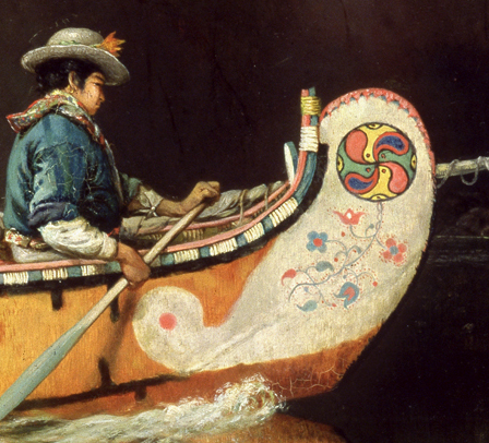 Painting of a man rowing a canoe. The front of the canoe has a multicolored swastika-like decoration.