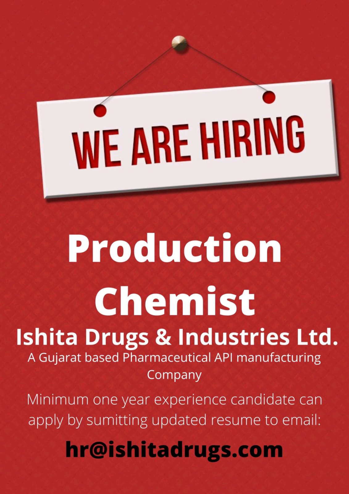 Job Availables,Ishita Drugs & Industries Ltd. Job Vacancy For Production Chemist