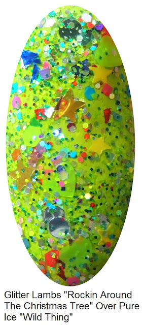 Christmas custom handmade indie lacquer for the holiday season. Glitter shapes, gold holographic stars, neon green hearts, silver dots and more. Christmas nails.