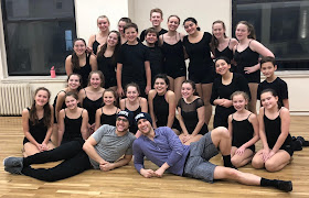 FSPA students taking a theater dance class with Broadway's Clay Thomson (Newsies, Wicked, Matilda, King Kong) and Christopher Rice (The Book of Mormon). Thomson has frequently guest taught for FSPA and Rice recently starred as Jack Kelly in the Franklin Performing Arts Company production of Disney's Newsies