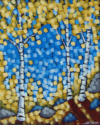 Golden Birch Rays painting by artist aaron kloss, gold birch, painting of fall birch, duluth mn painter, duluth art, duluth art scene, pointillism