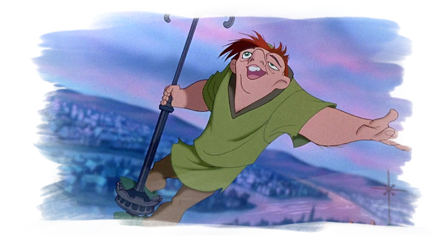an screenshot of the hunchback of notre dame showing Quasiemodo, a man with a hunchback and facial differences swinging and singing on at spire at the top of the notre dame cathedral.