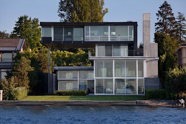 Picture of modern unusual house as seen from the sea