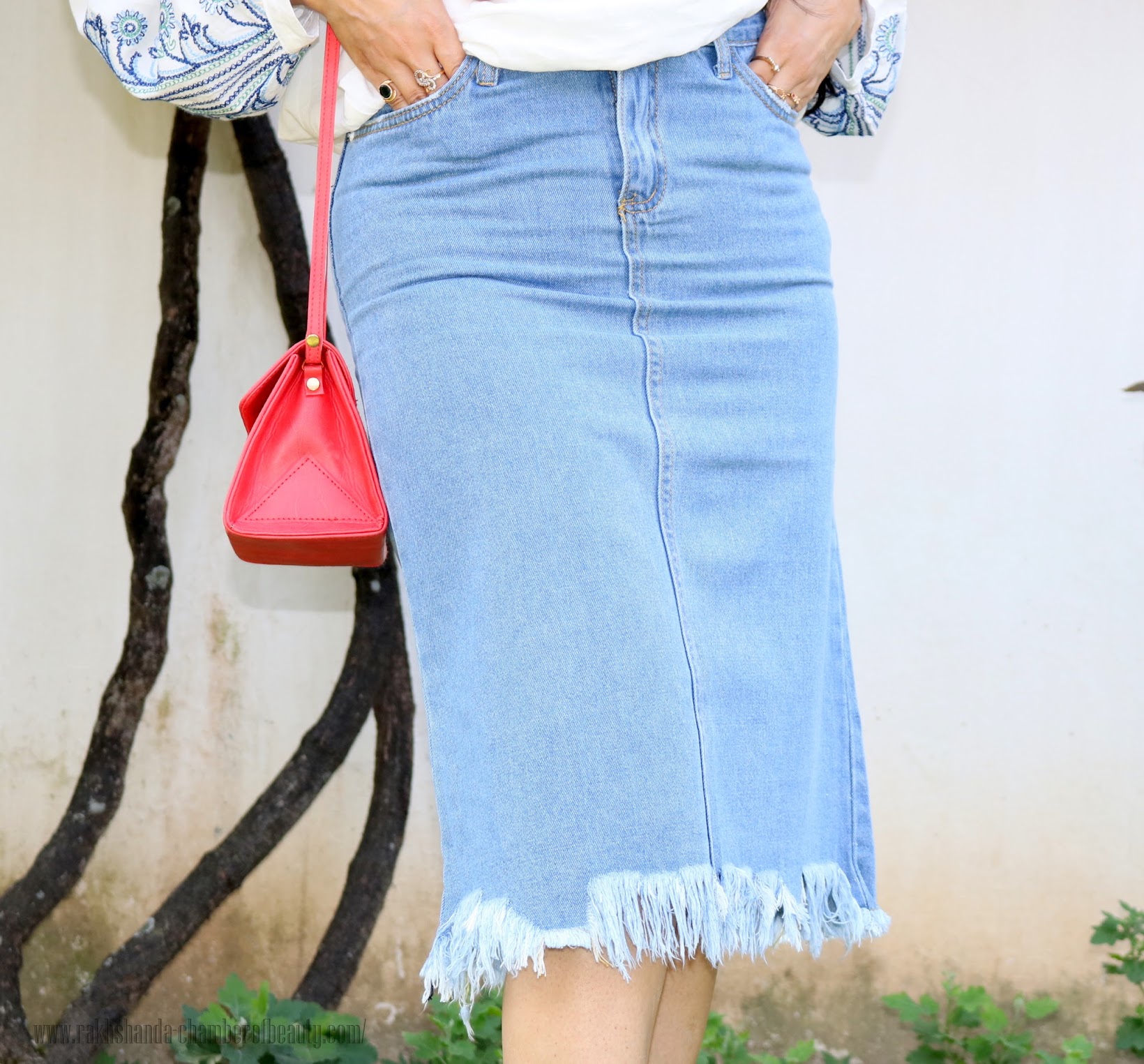 denim skirt with white embroidered blouse, Chamber Of Beauty, fall fashion trends 2015, how to style a denim skirt, zaful, Indian fashion blogger, outfit of the day, red bag, Stalk By Love, Lovely Wholesale, fall fashion, OOTD, denim skirt with white blouse, denim skirt with red heels, fashion, Embroidered blouse with denim skirt, Indian beauty blog