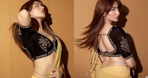 mahira sharma yellow saree backless blouse waist chain