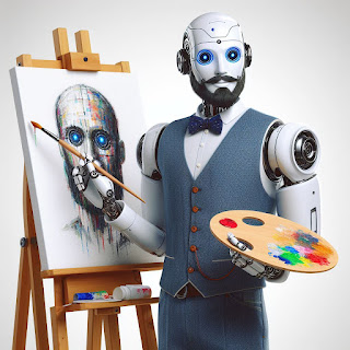 original image: a robot artist with paintbrush and palette in hand stands next to an easel with a painting in progress and looks proudly at the camera, all on a white background