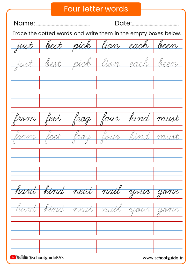 Four Letter Words Cursive Writing Worksheets