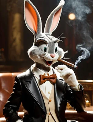 Wearing a black leather blazer and smoking a cigar bugs Bunny smiles