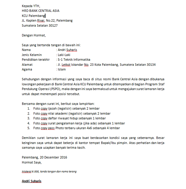 5 CONTOH SURAT LAMARAN KERJA BANK BCA (.DOCX) TINGGAL EDIT ...