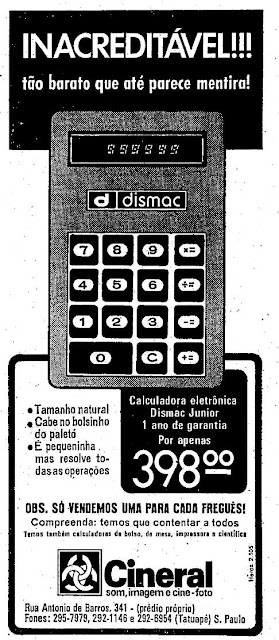 Propaganda da calcuradora Cineral em 1974