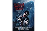 Poster film Respati menampilkan sosok pemuda berlumuran darah yang tampak ketakutan, dengan bayangan makhluk gaib besar di belakangnya.
