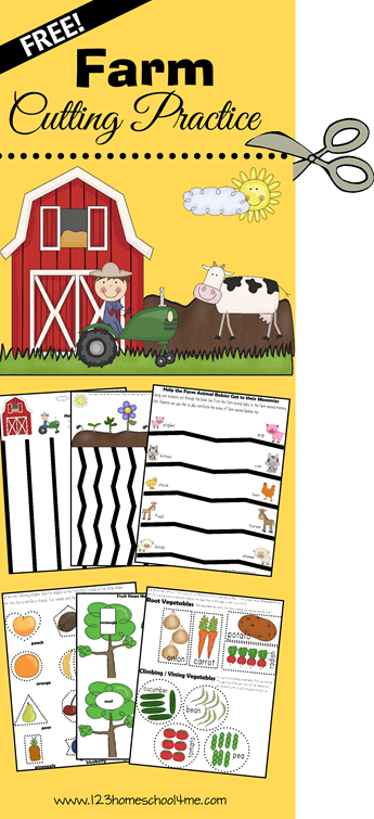 Farm Cutting Practice! Super cute free printable with not only lots of cutting practice, but also practice matching baby/mommy animals, sorting vegetables, matching shapes and more! Stuff for Toddler, Preschool, Kindergarten, and 1st grade!