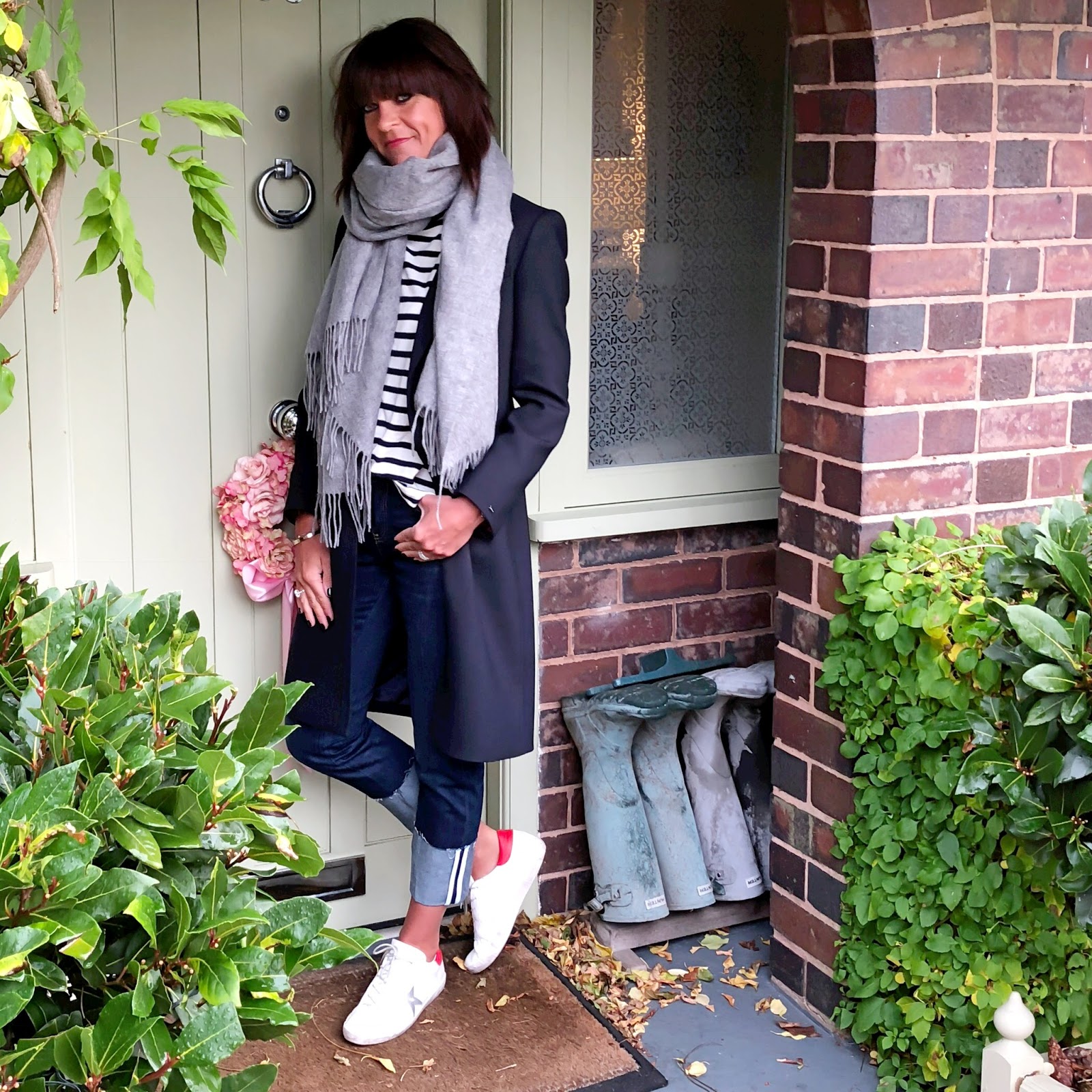 my midlife fashion, tommy hilfger celeste classic coat, asos oversized wool scarf, j crew breton, golden goose superstar low top leather trainers, hush turn up boyfriend jeans