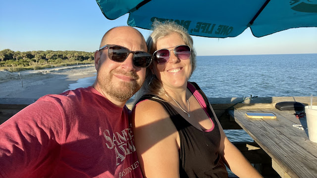 A selfie of dad and I at our dinner table the first night we got to Edisto. We ate at the same restaurant that we ate at when we met Janeanne and her family, but we sat outside on the restaurants deck overlooking the ocean on almost every side of us.