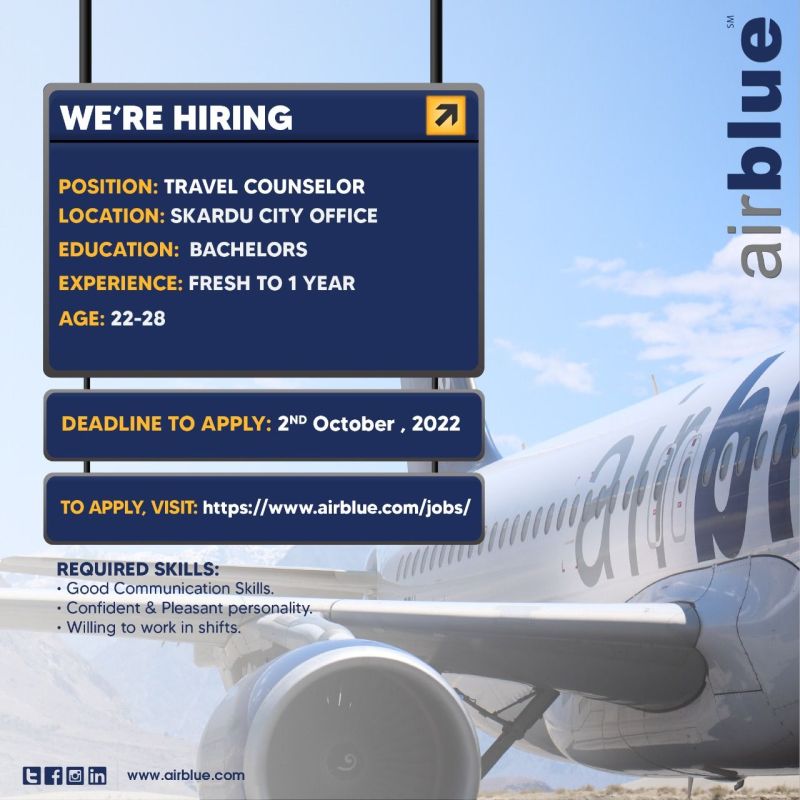 AirBlue Pakistan Jobs for Travel Counselor