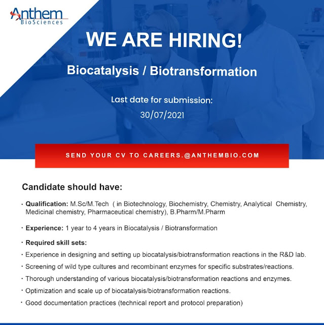 Job Availables, Anthem BioScience Job Vacancy For Biotechnology, Biochemistry, Chemistry, Analytical, Medicinal chemistry, Pharmaceutical chemistry, B.Pharm/M.Pharm