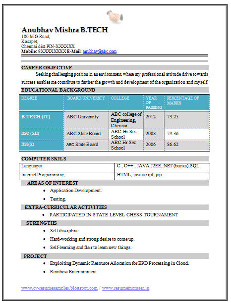 Download Now B Tech Fresher Resume Sample (IT)