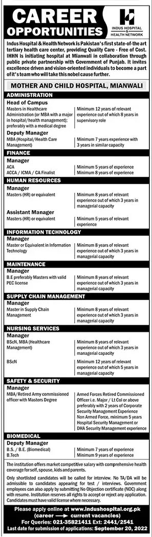 Latest Jobs In Indus Hospital Karachi 2022