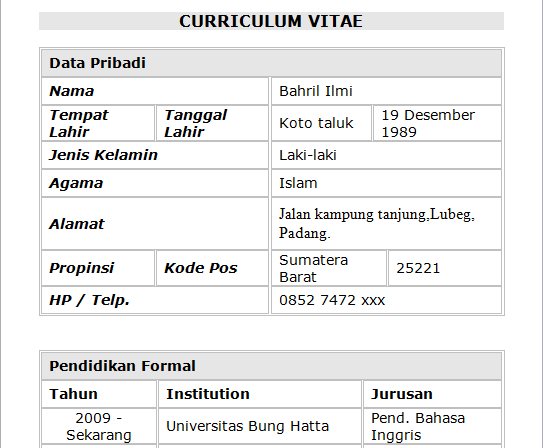 Contoh Curriculum Vitae.