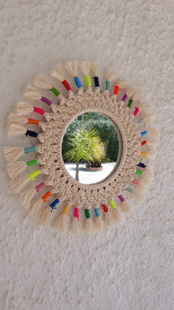 miroir macrame coton naturel noeuds colorés upcycling boheme 