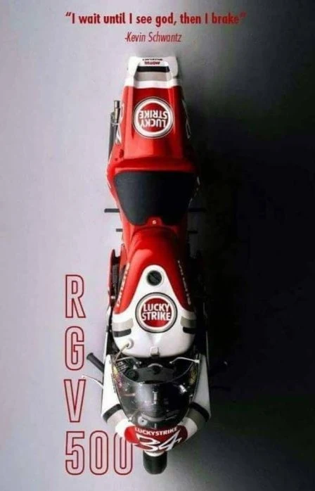 Mercenary Garage Custom Motorcycle Workshop 1990s Kevin Schwantz Lucky Strike Suzuki RGV 500 Moto GP Two Stroke Tuesday