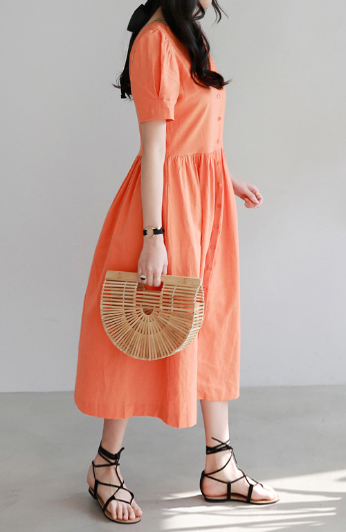  Button-Front Short Sleeve Midi Dress