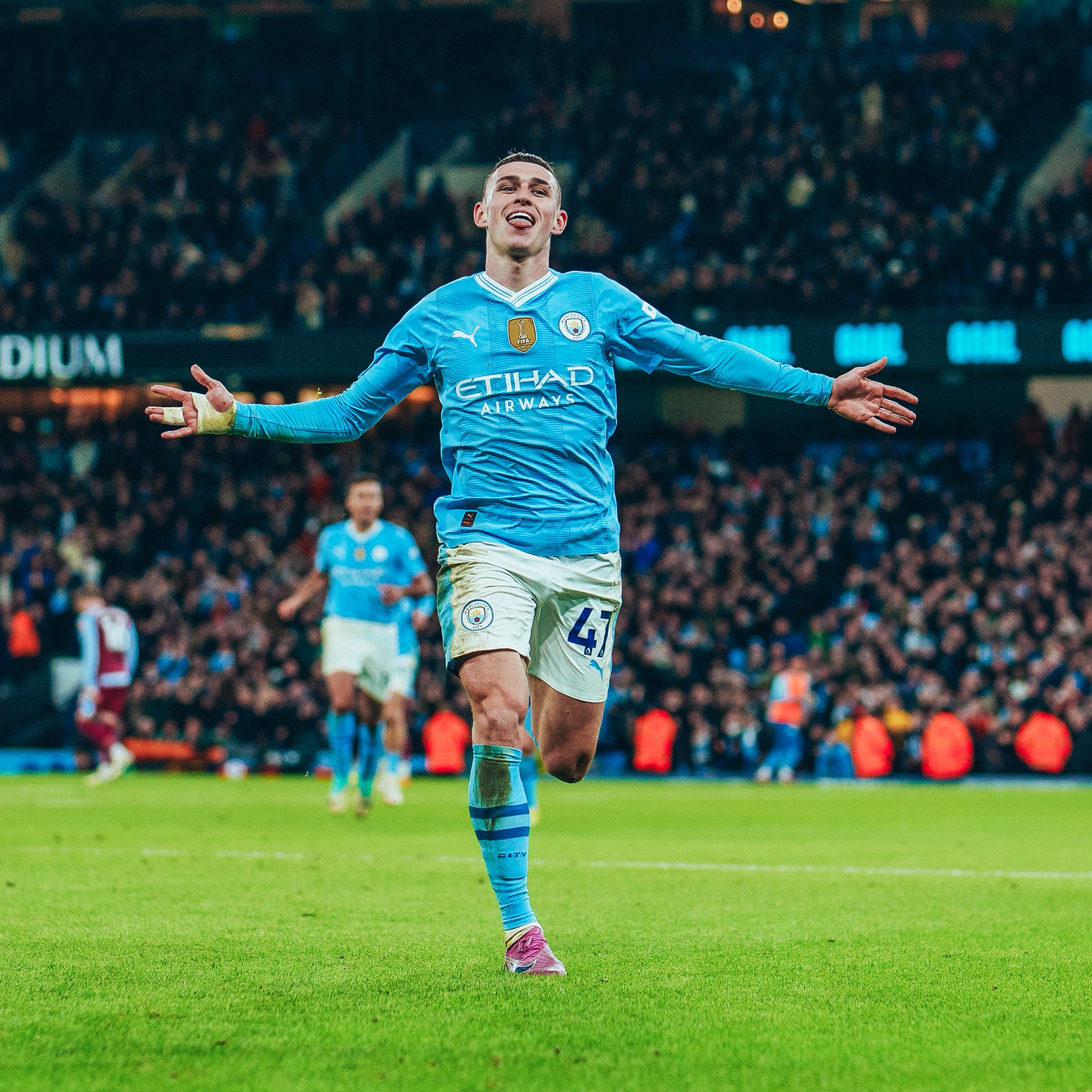 English midfielder, Phil Foden, celebrates after scoring for Manchester City in the Premier League 2023/24 match against Aston Villa at Etihad Stadium on Wednesday 3 April, 2024