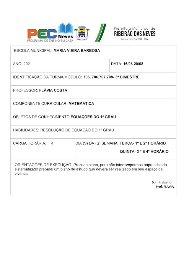 SEMANA 16/08 A 20/08- MATEMÁTICA- FLÁVIA- EQUAÇÕES